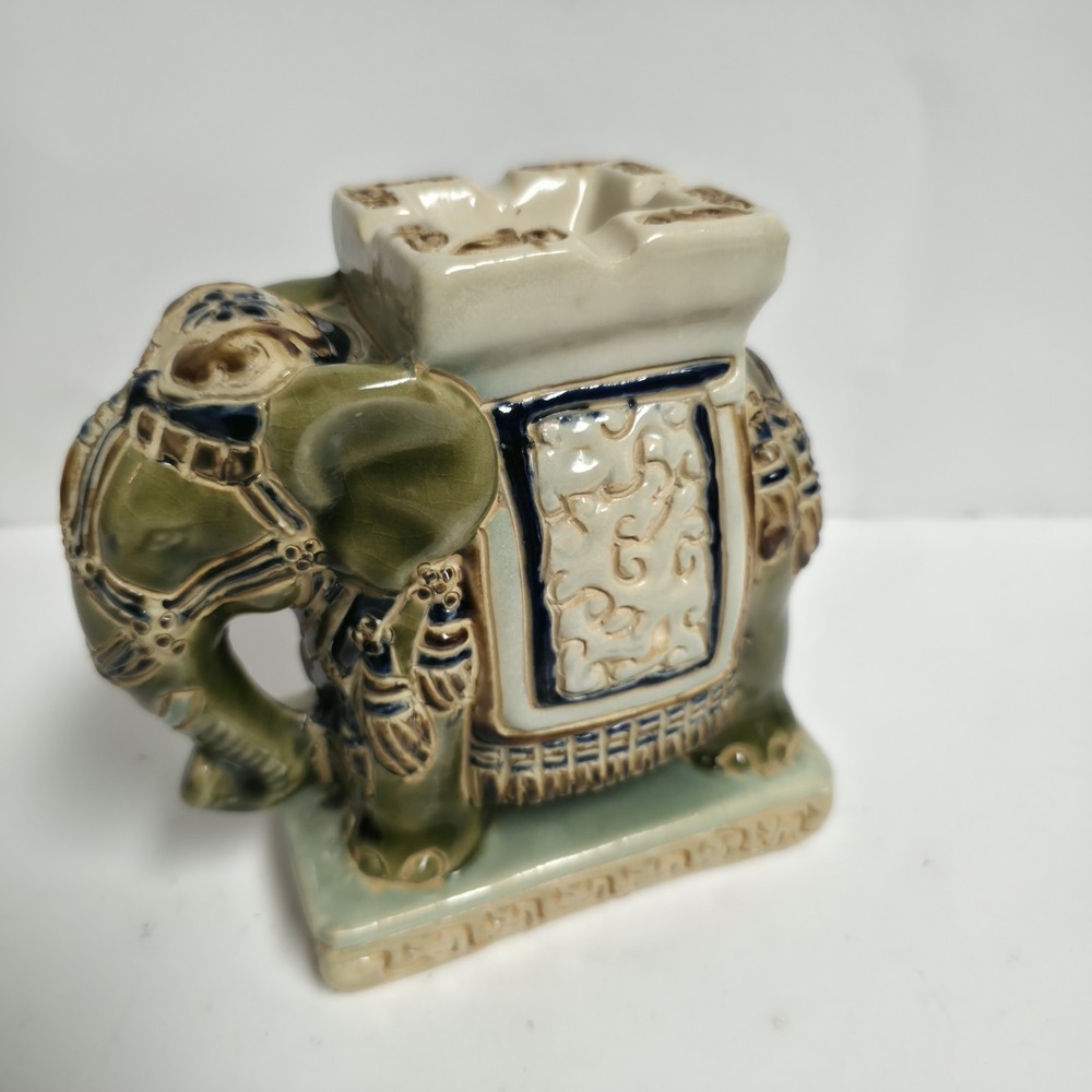 Vintage Hollywood Regency Chinese Glazed Ceramic Elephant Ashtray 5.75" tall